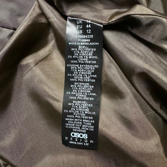 ASOS Design | Women | Smart Brown Oversized Wool Mix Blazer Jacket | Sz 12 Tall - Picture 10 of 13